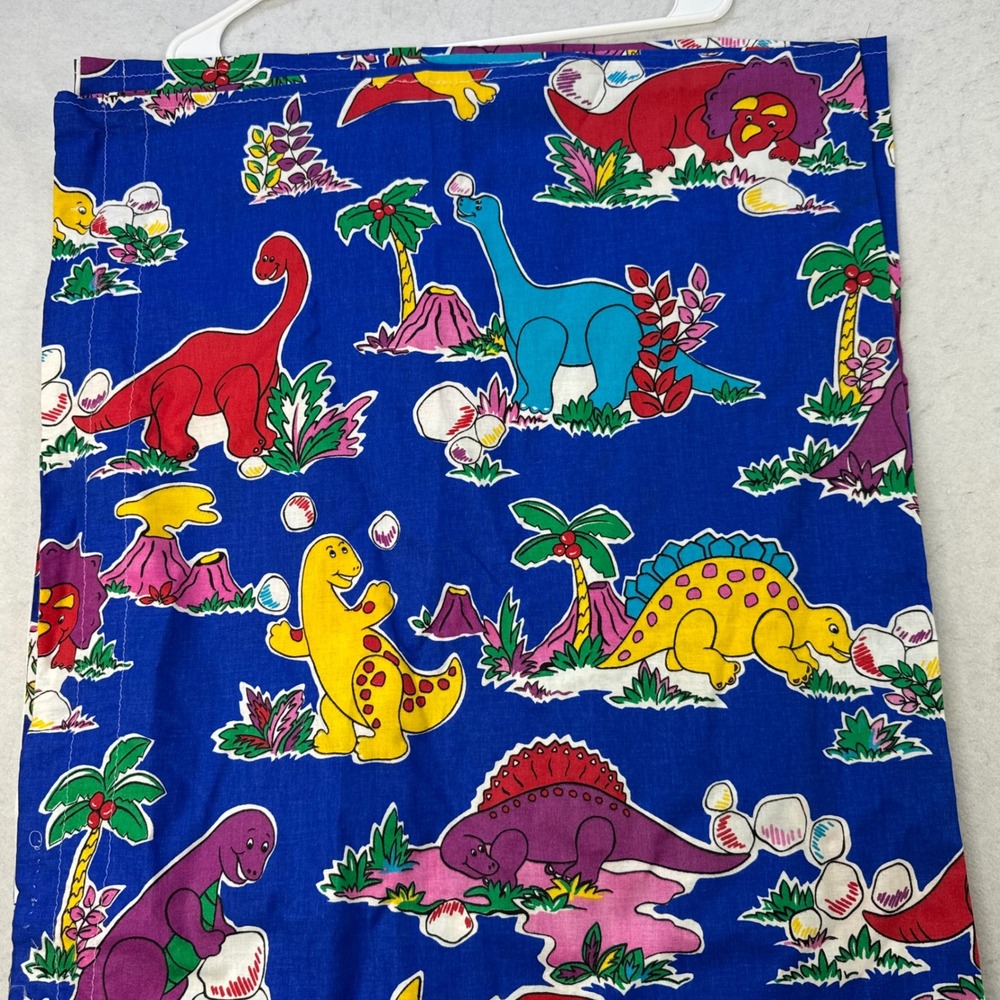 Vintage Fabricโ Remnant Kids Blue Cartoon Dinosaur Print Bedding Retro 90s